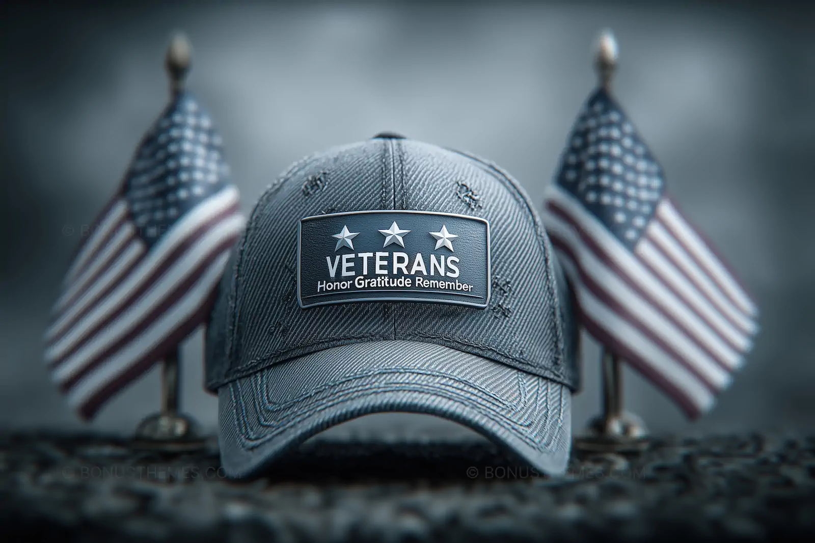 Grey Veterans Hat with American Flags on Table | Patriotic AI Image