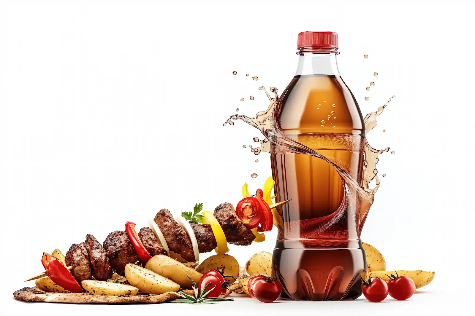 Grilled Meat Souvlaki with Potato Wedges & Soda Splash | AI Food Combo