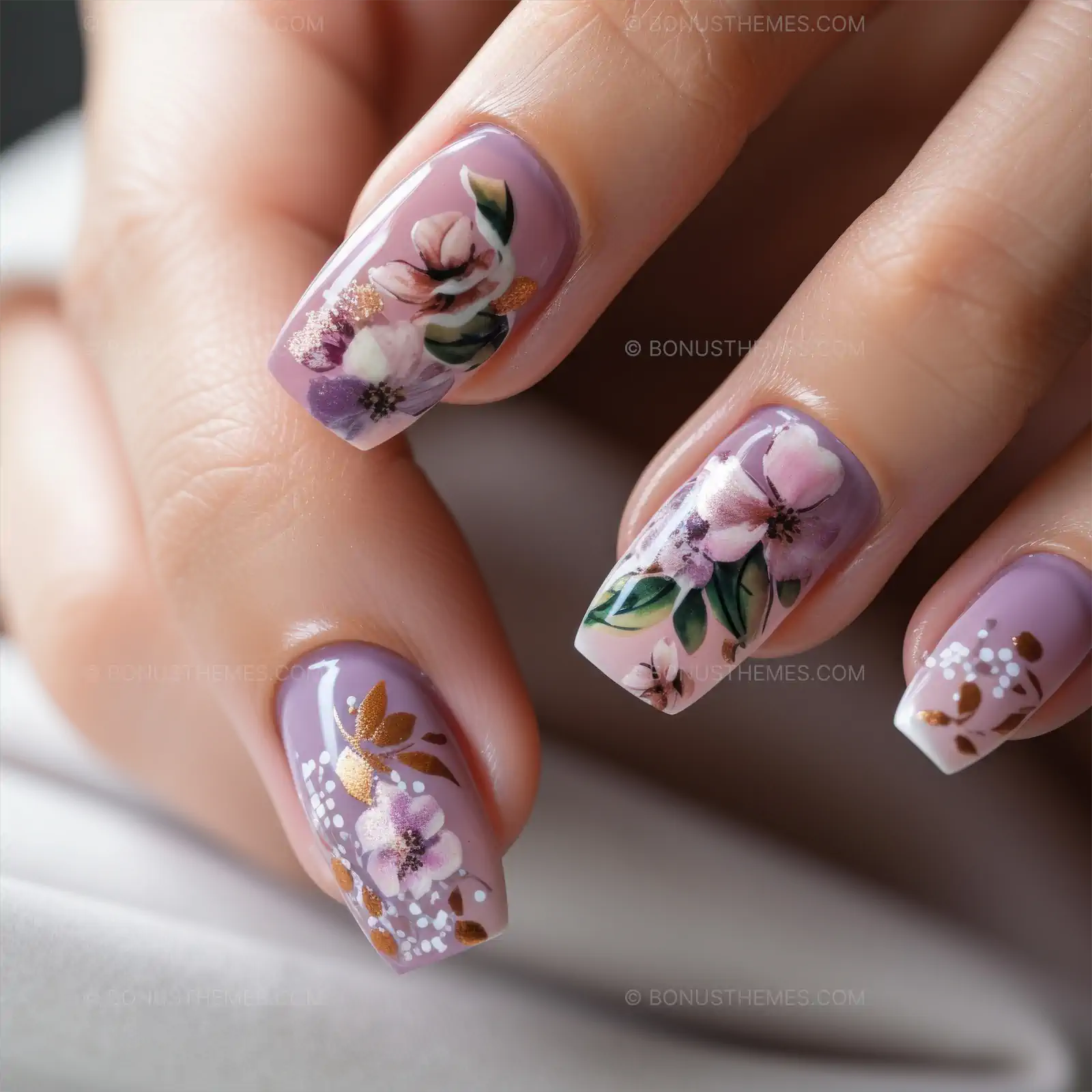 Hand with Purple Floral Nail Art - Stylish AI Generated Beauty Image