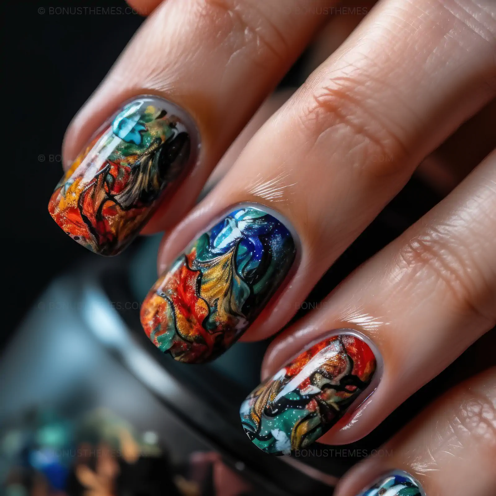 Hand with Metallic Blue and Green Nail Art | Vibrant Glitter Manicure AI Generated Image