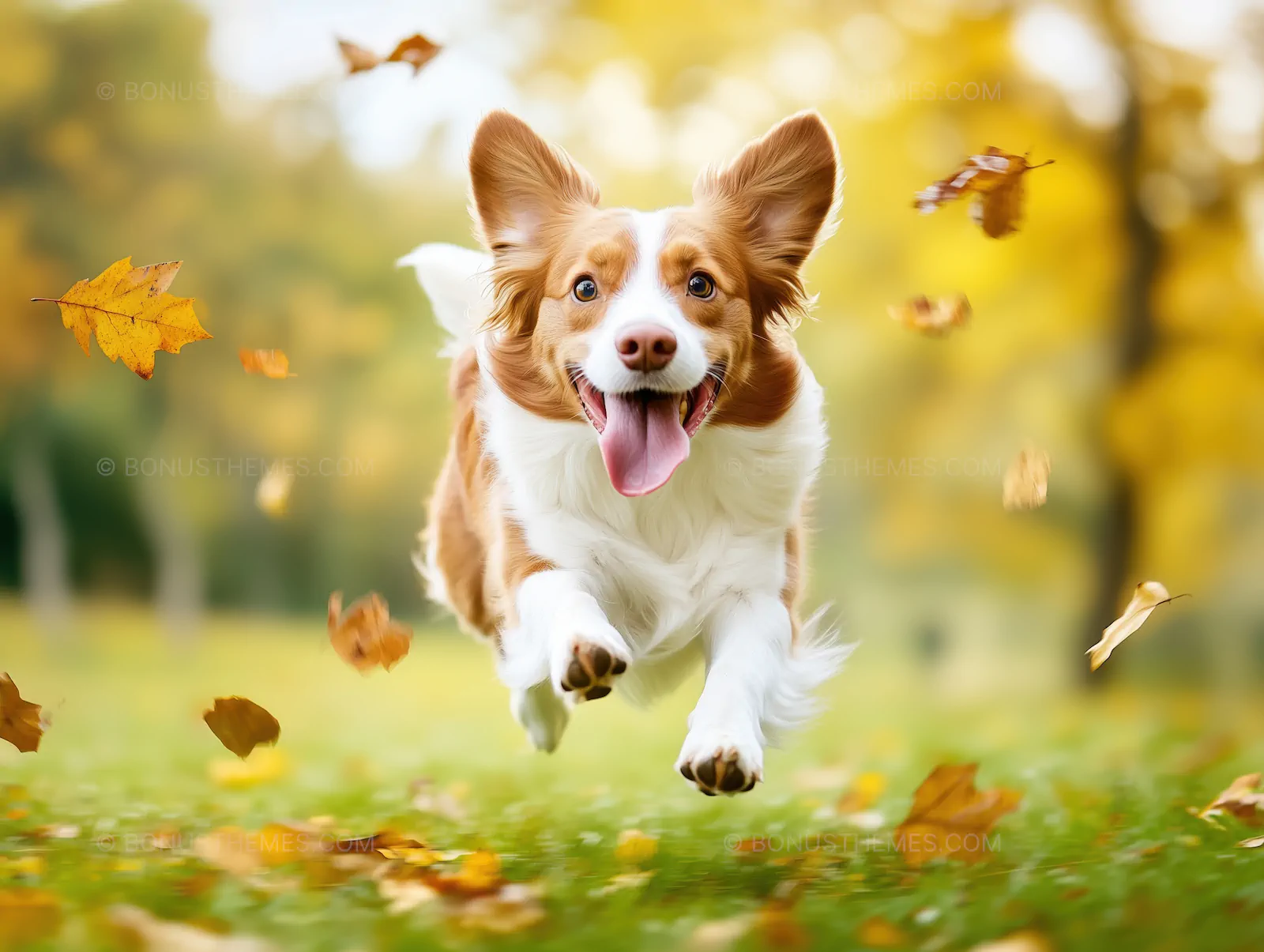 Happy Brown and White Dog Running Through Falling Autumn Leaves | AI Image