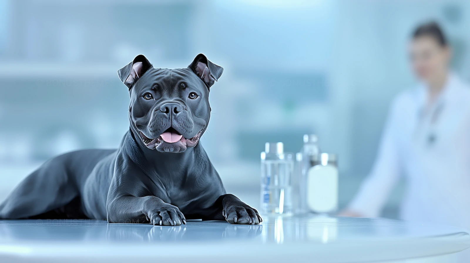 Healthy Black Staffordshire Bull Terrier Dog at Vet Clinic | AI Image
