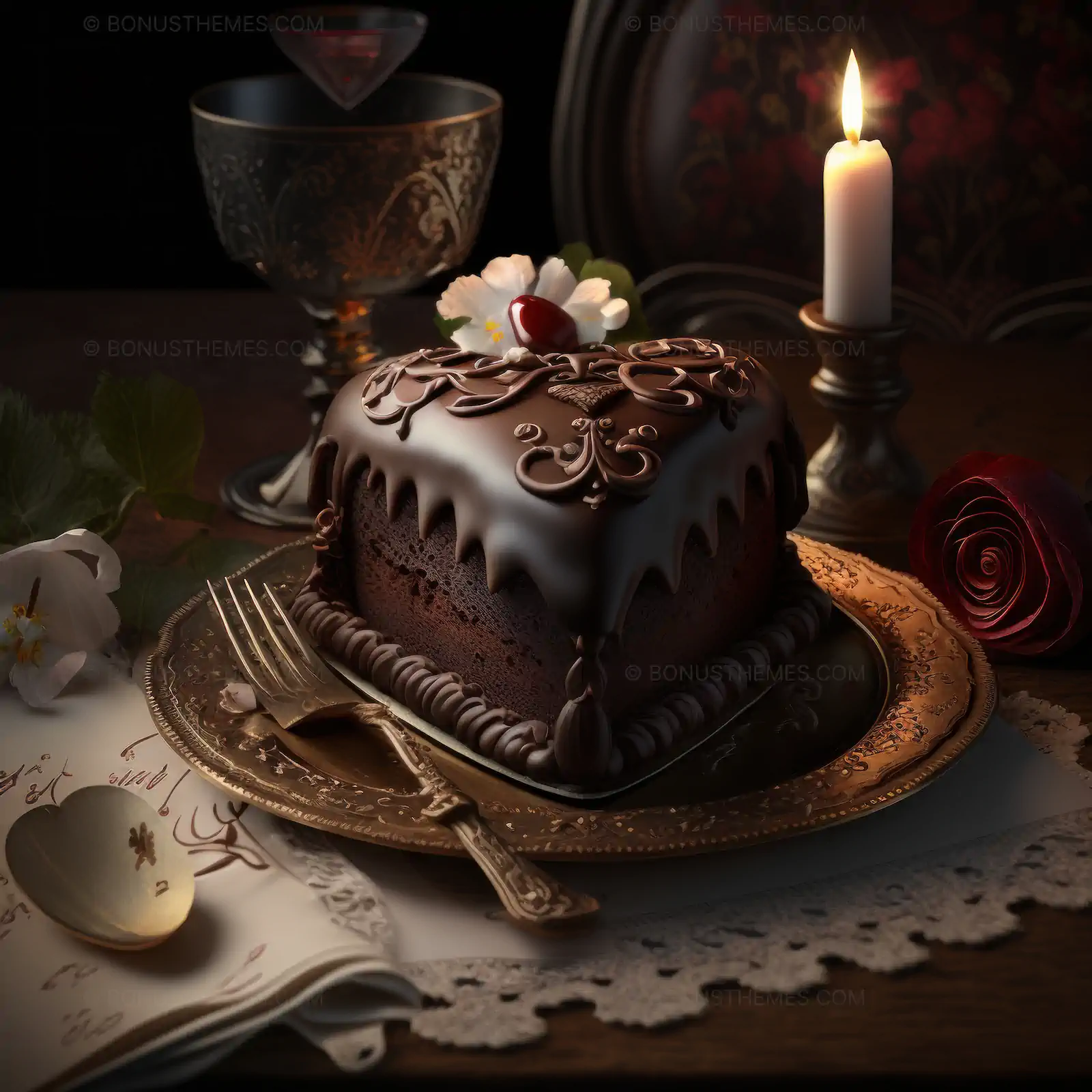 Romantic Heart-Shaped Chocolate Cake | Candlelight and Wine AI Generated Still Life