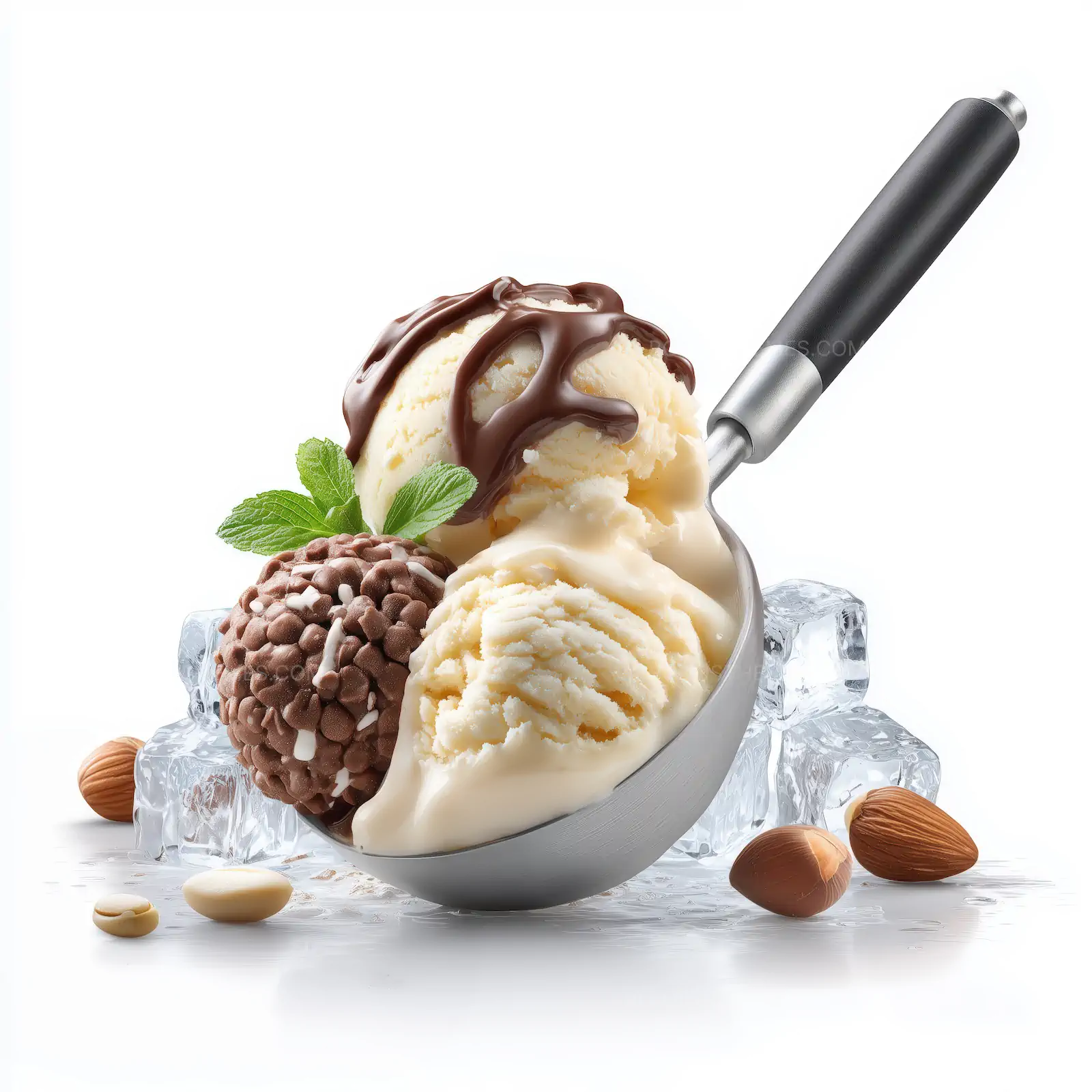Ice Cream Scoop with Chocolate Sauce & Green Leaf in Silver Bowl | AI Image