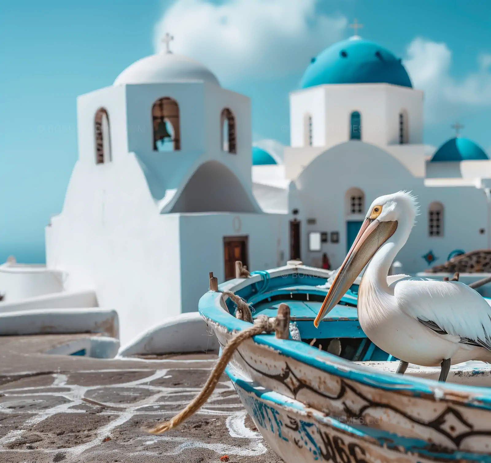 Iconic Pelican on Santorini Coast | Charming AI Generated Greek Island Wildlife Scene