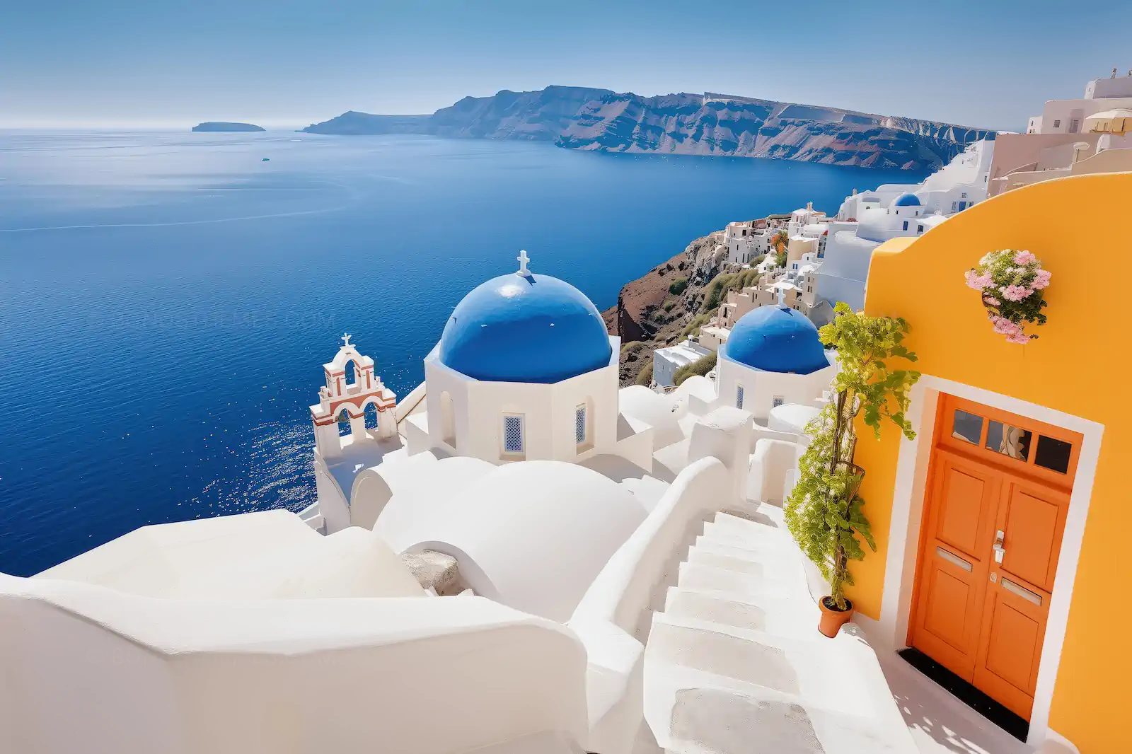 Iconic Santorini Blue Dome Church and Caldera View | AI Travel Photography