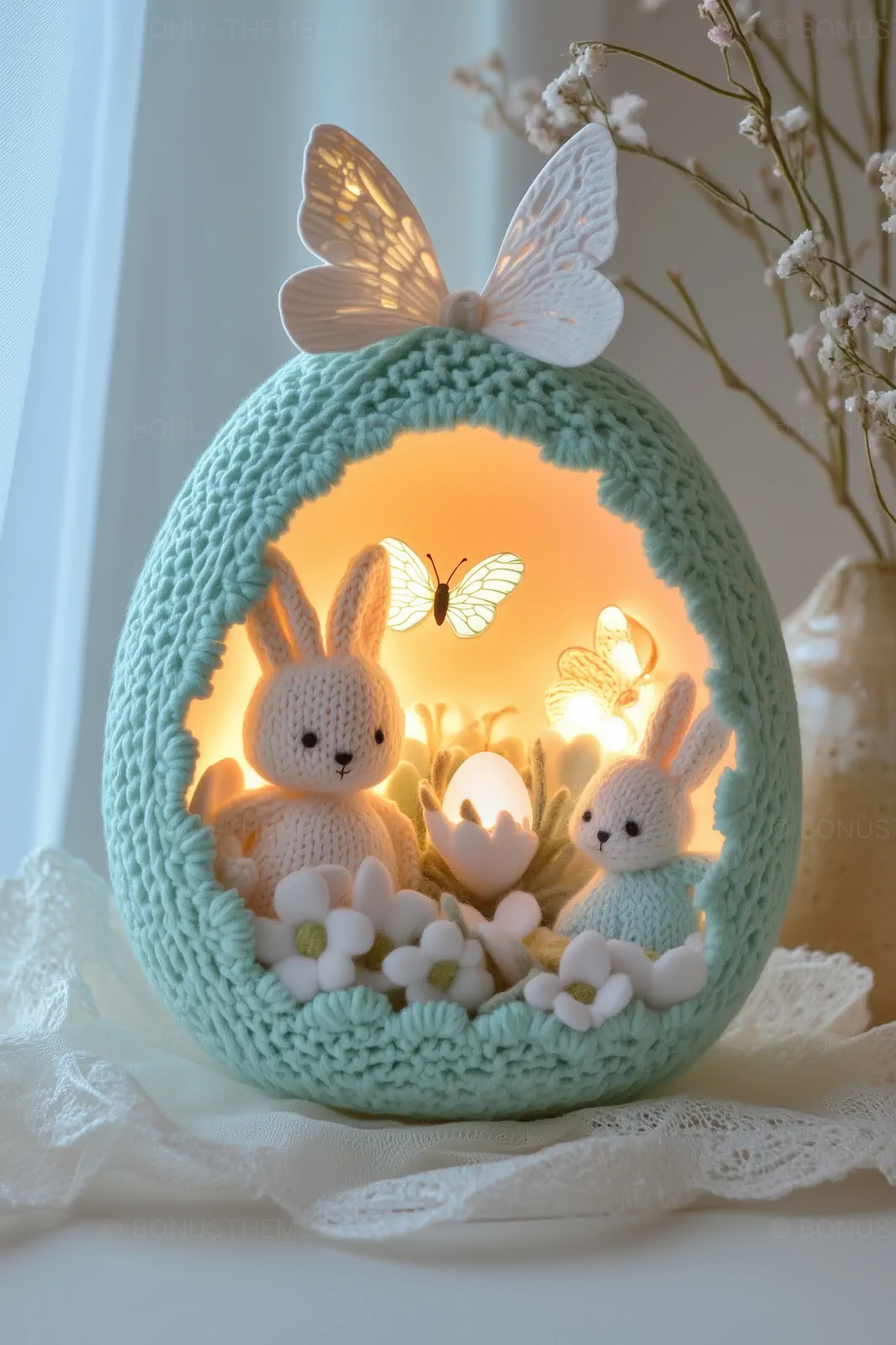 Illuminated Crochet Easter Diorama | Cozy Knitted Bunny AI Generated Image