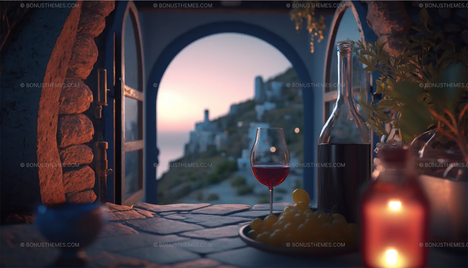 Α plate of grapes and a glass of wine at Santorini island