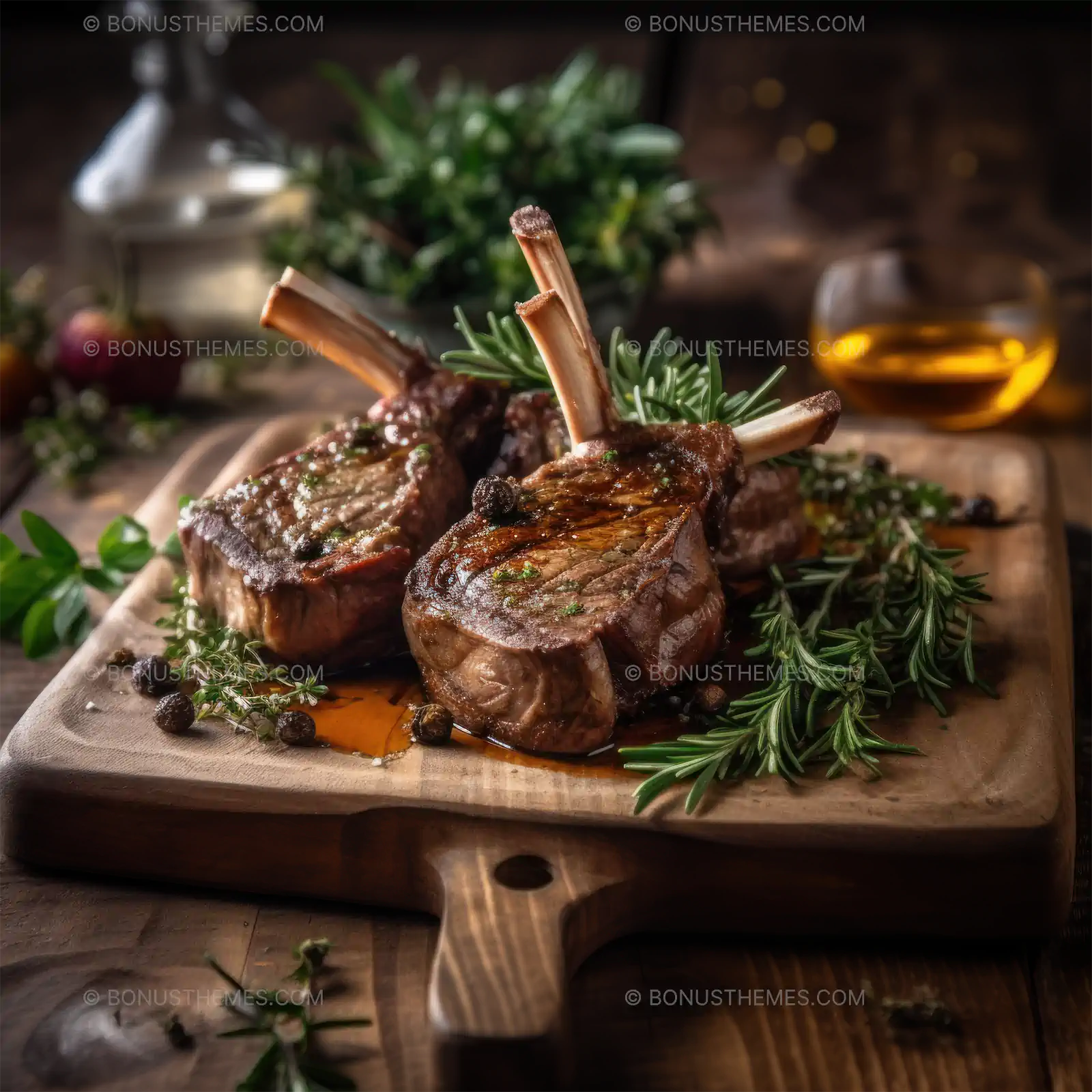 Roasted lamb on wooden platter