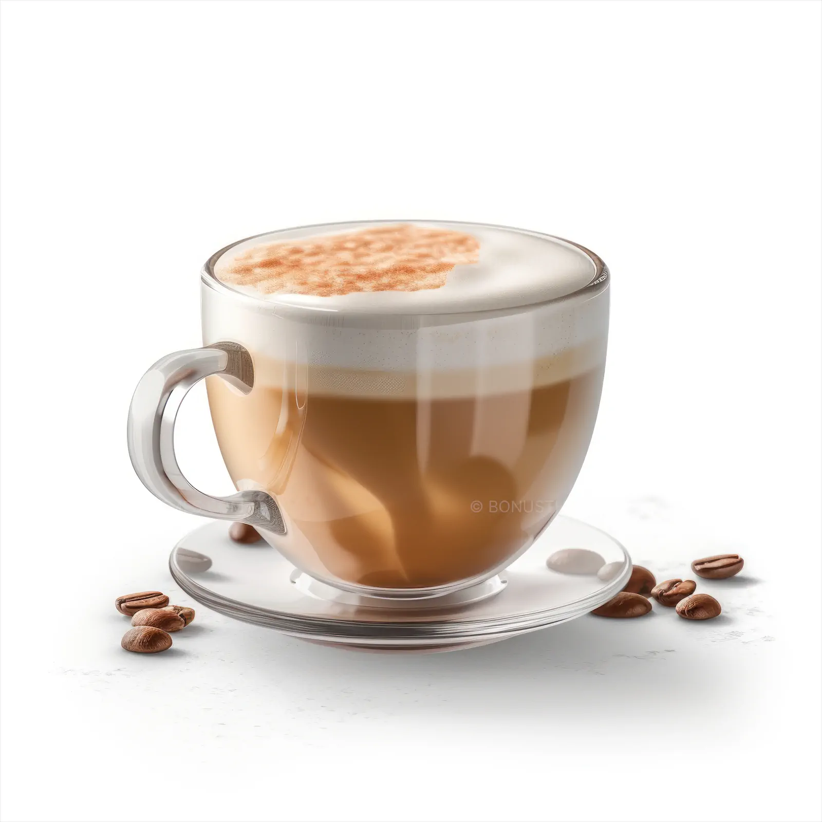 Glass cup of latte coffee with beans isolated