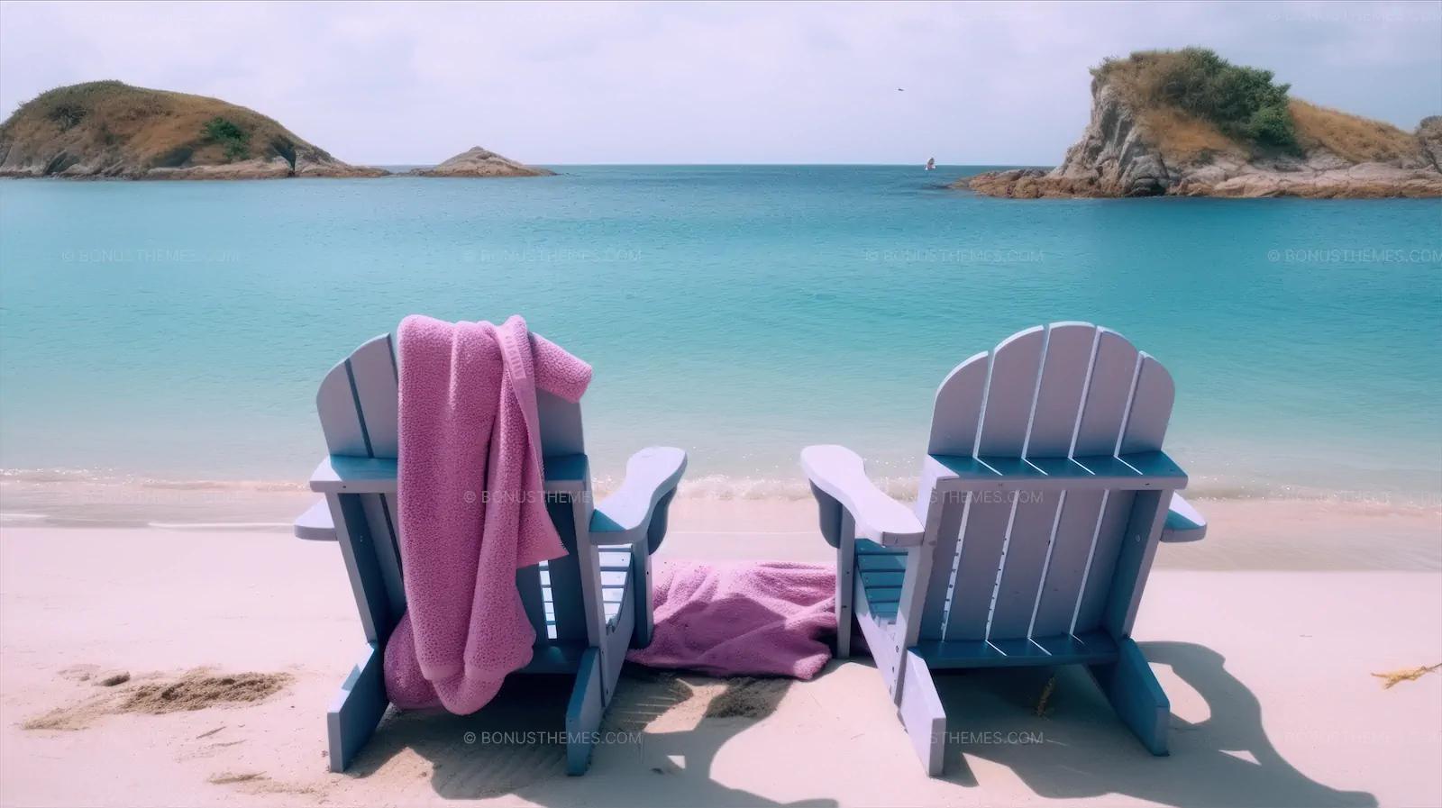 Beach with chairs and two sea ​​towels