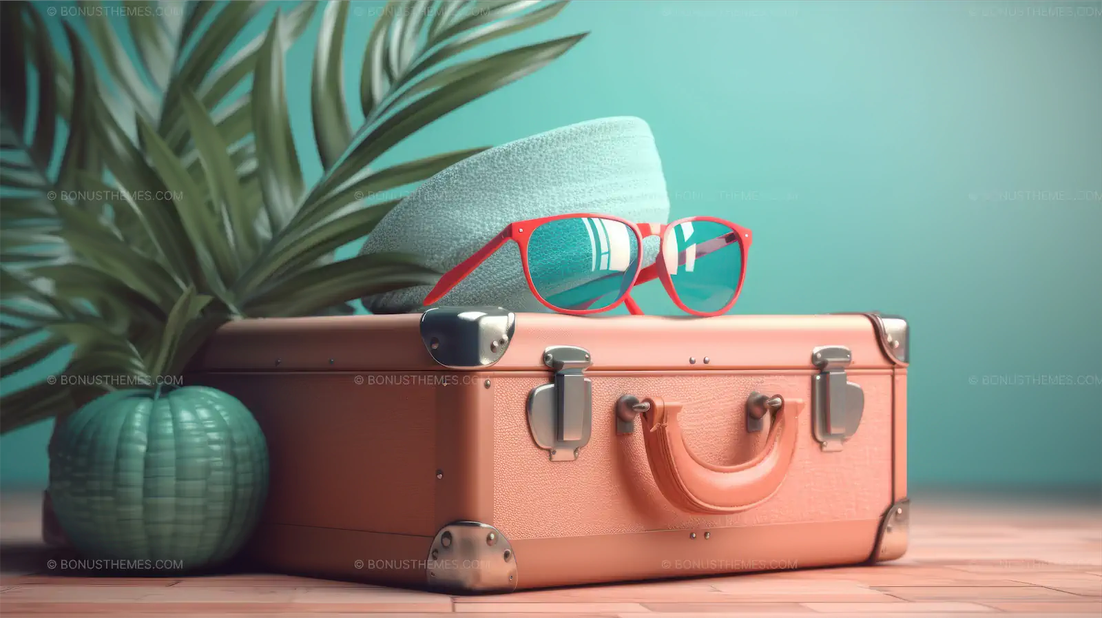 Tropical island vibes, suitcase, sunglasses and hat