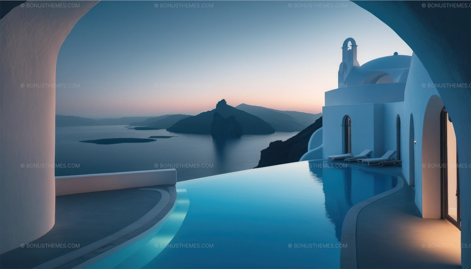 Cycladic architectural villa with illuminated swimming pool on Santorini island
