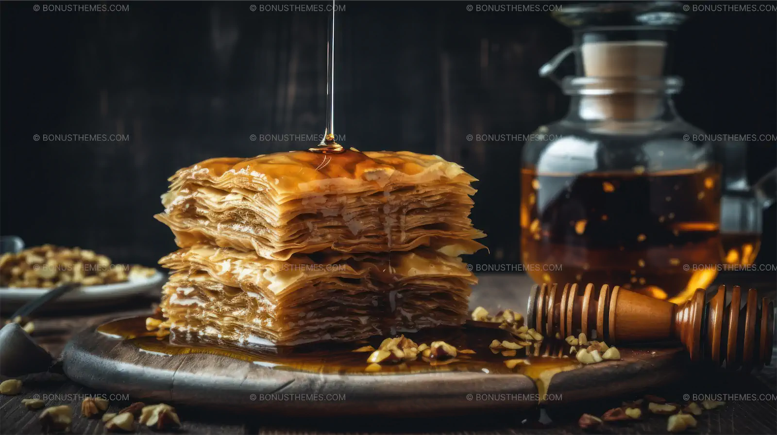 Two stacks of baklava sweet on a wooden plate