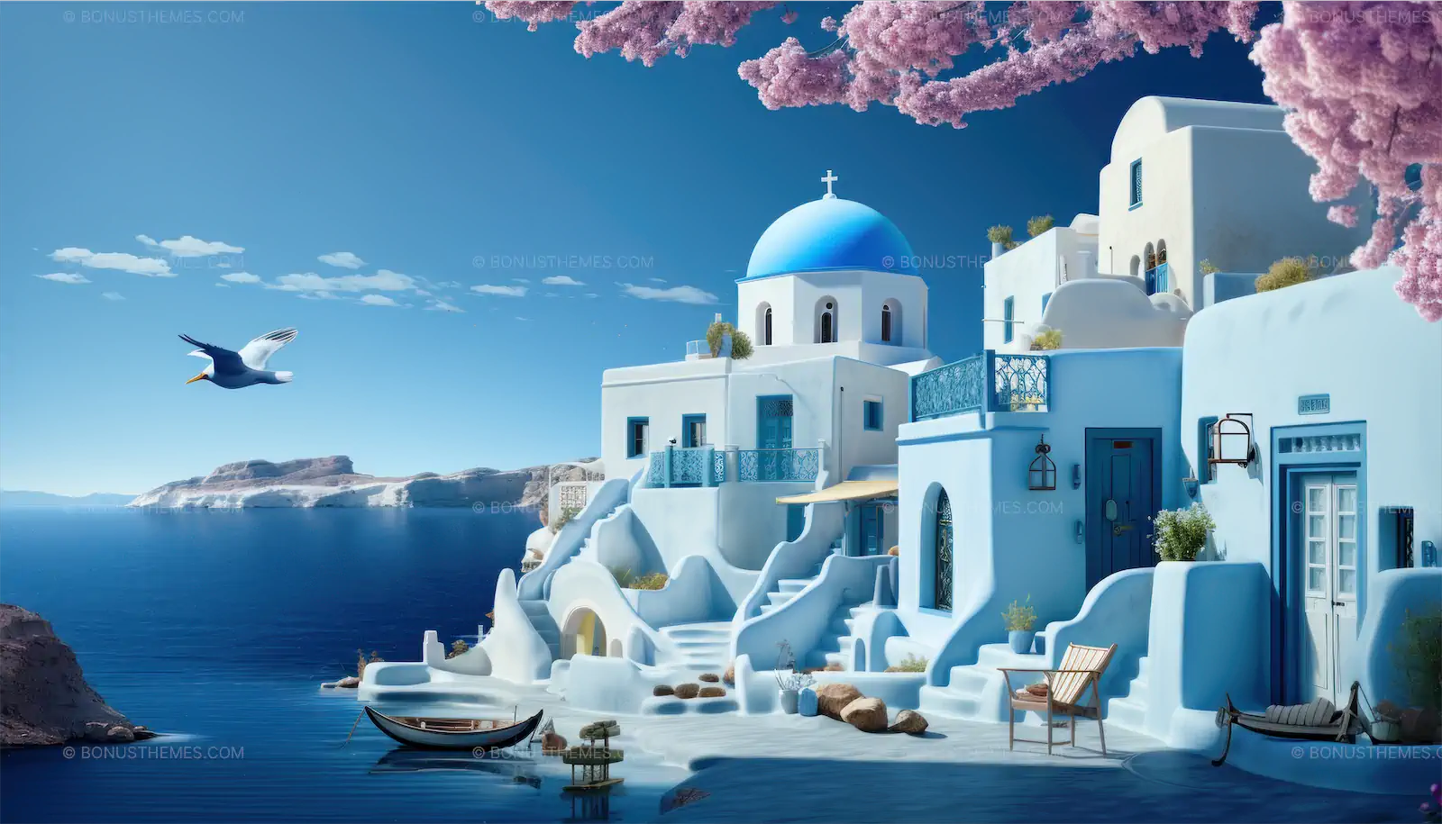 Captivating Santorini seascape, traditional charm, azure waters, and bougainvillea beauty