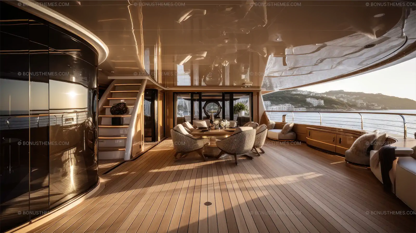 Elegant yacht with curved lines and warm light wood tones