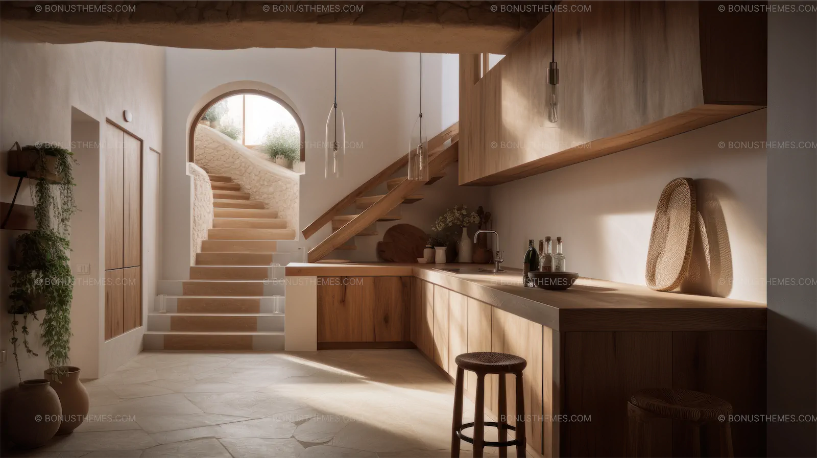 Cycladic kitchen with natural materials like wood and stone