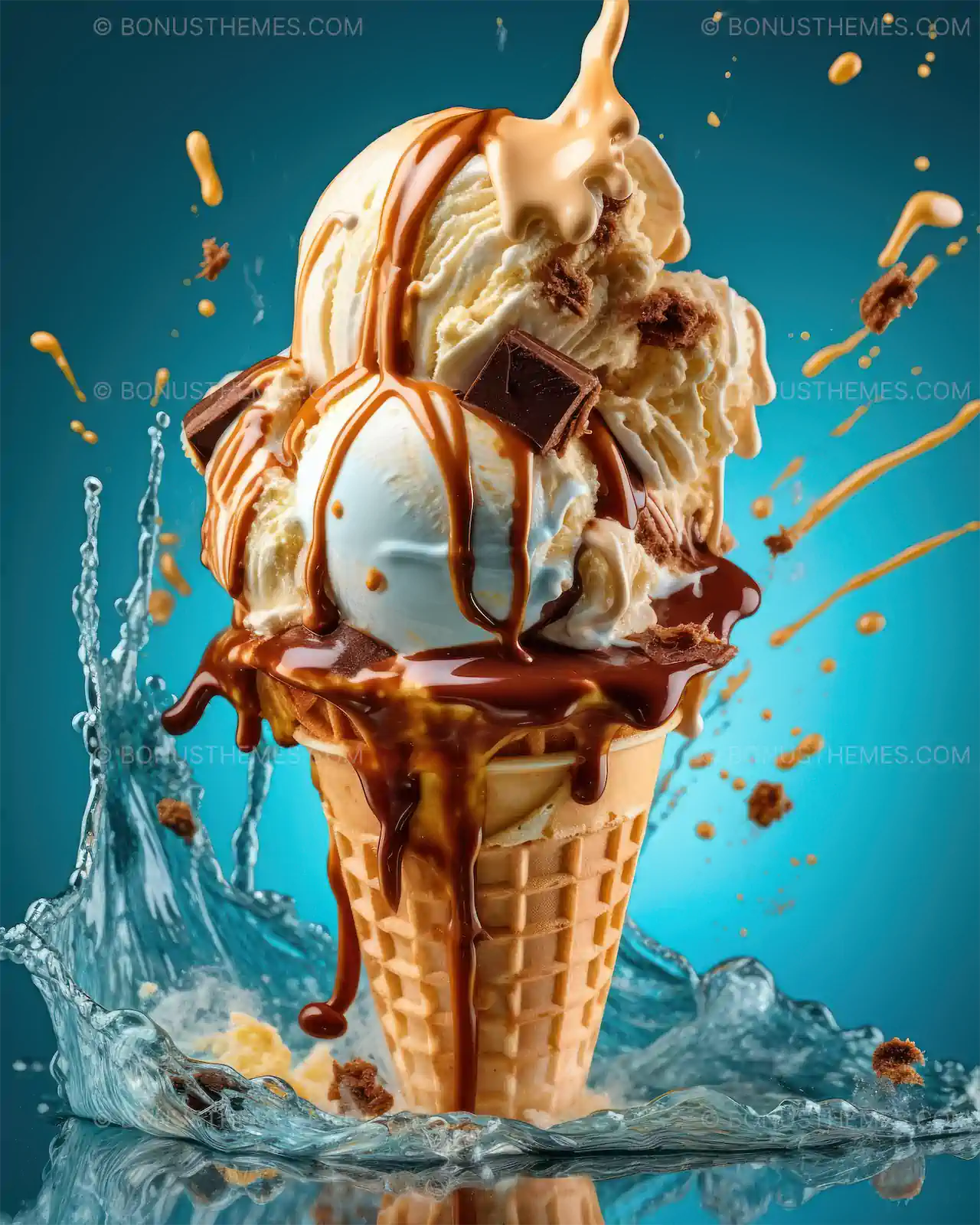 Ice cream cone with chocolate syrup