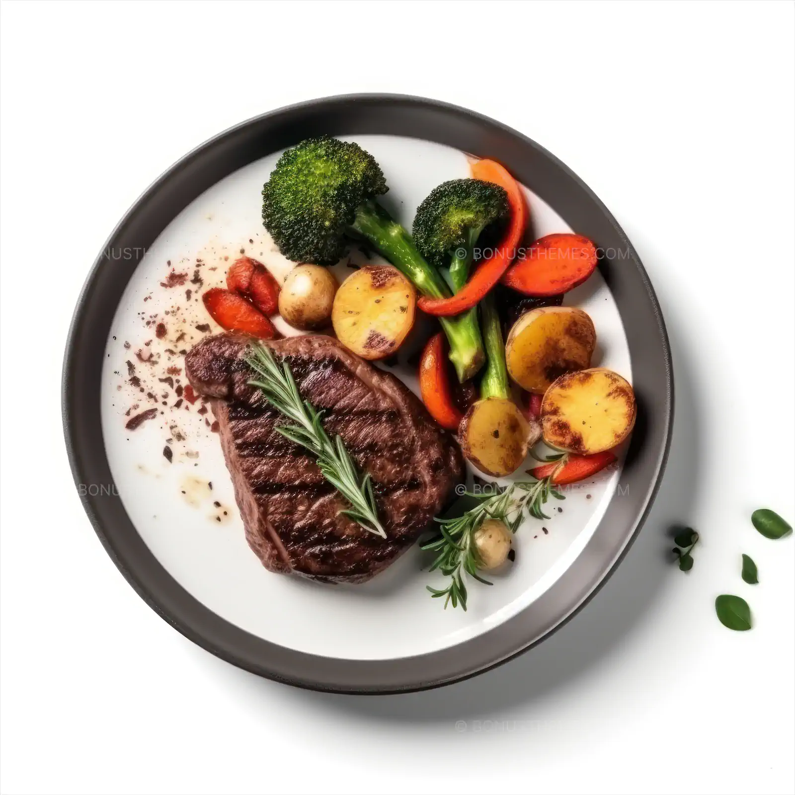 Succulent beef steak with grilled mixed vegetables on a white background