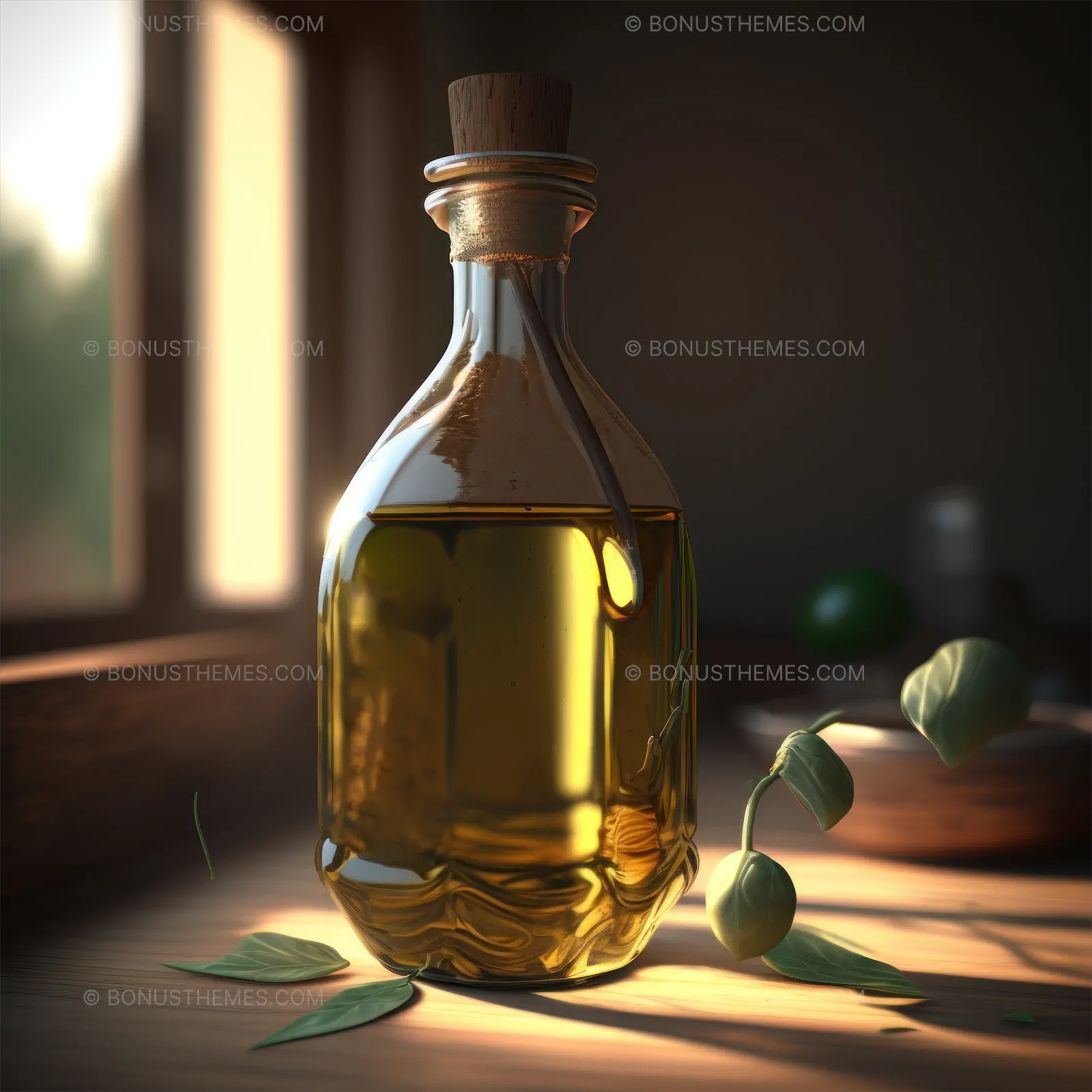 Glass bottle of olive oil on the table