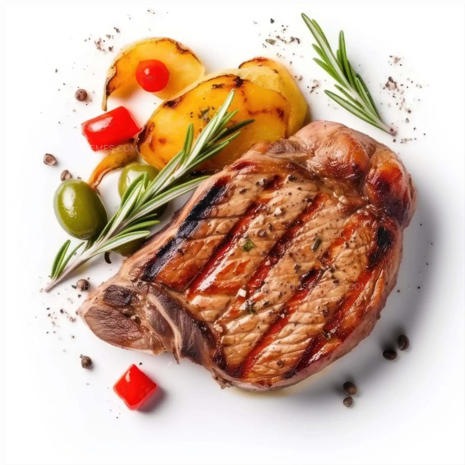 Tasty meat and vegetable grilled on isolated white background