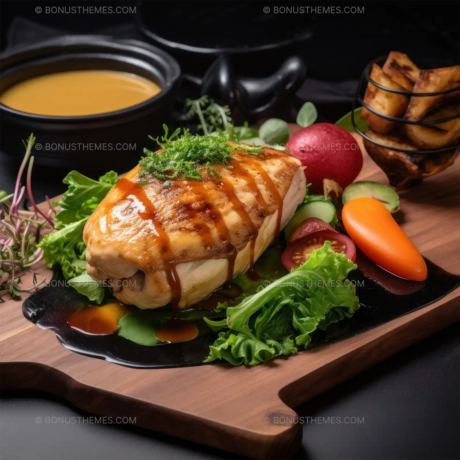 Baked chicken breast on wood with vegetables