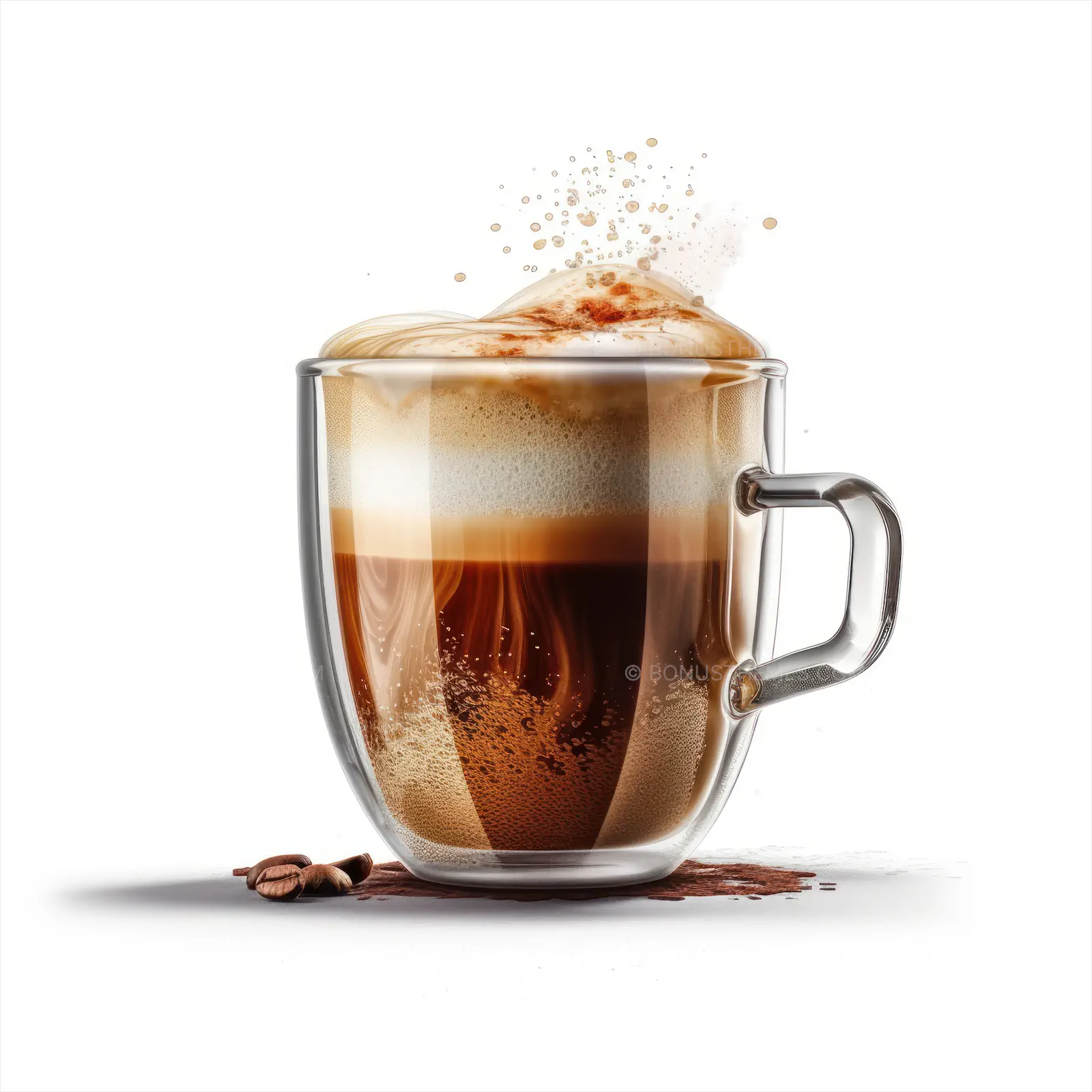 A glass cup of latte coffee on isolated white background