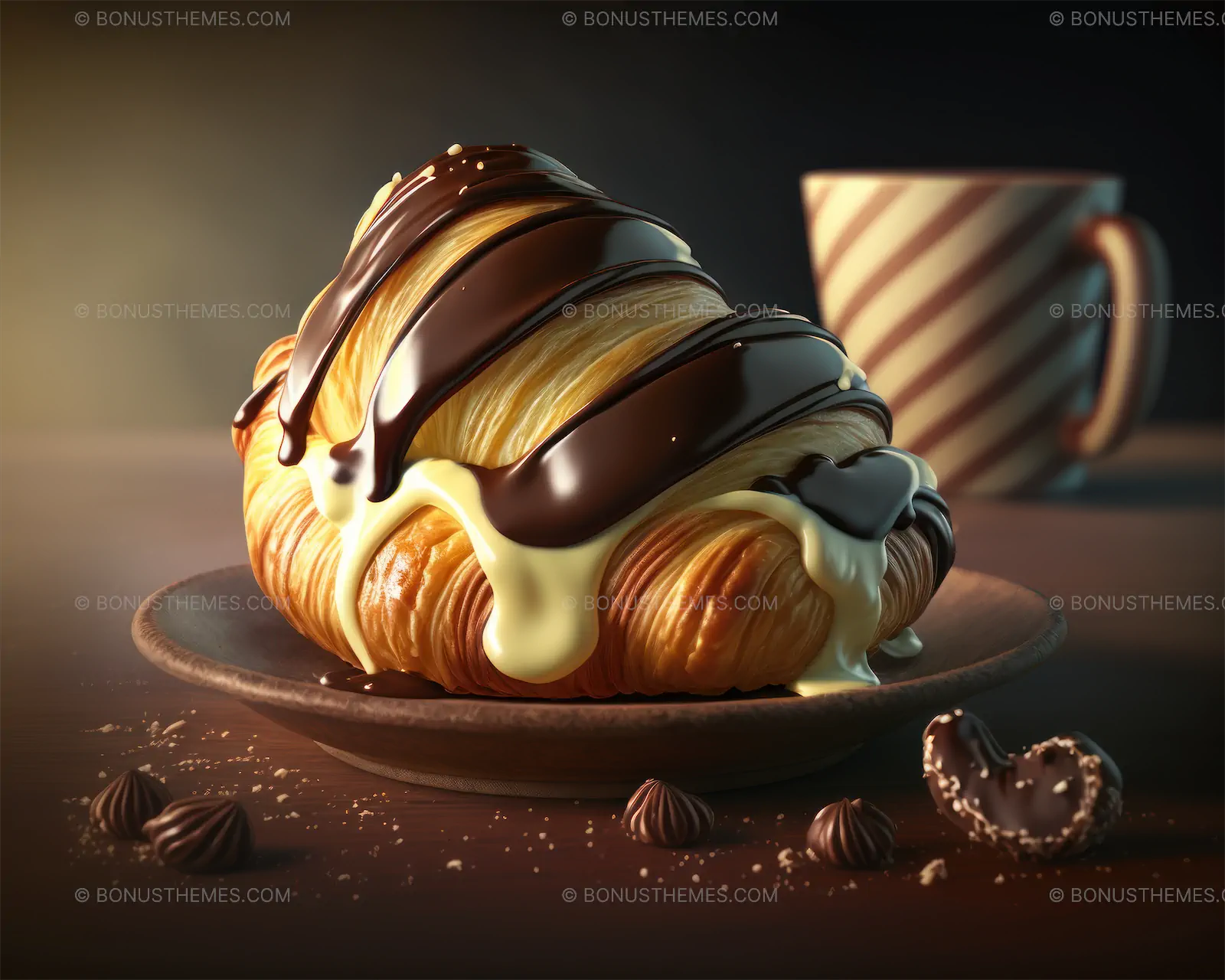 A stuffed croissant of pastry cream, top stripes of chocolate syrup