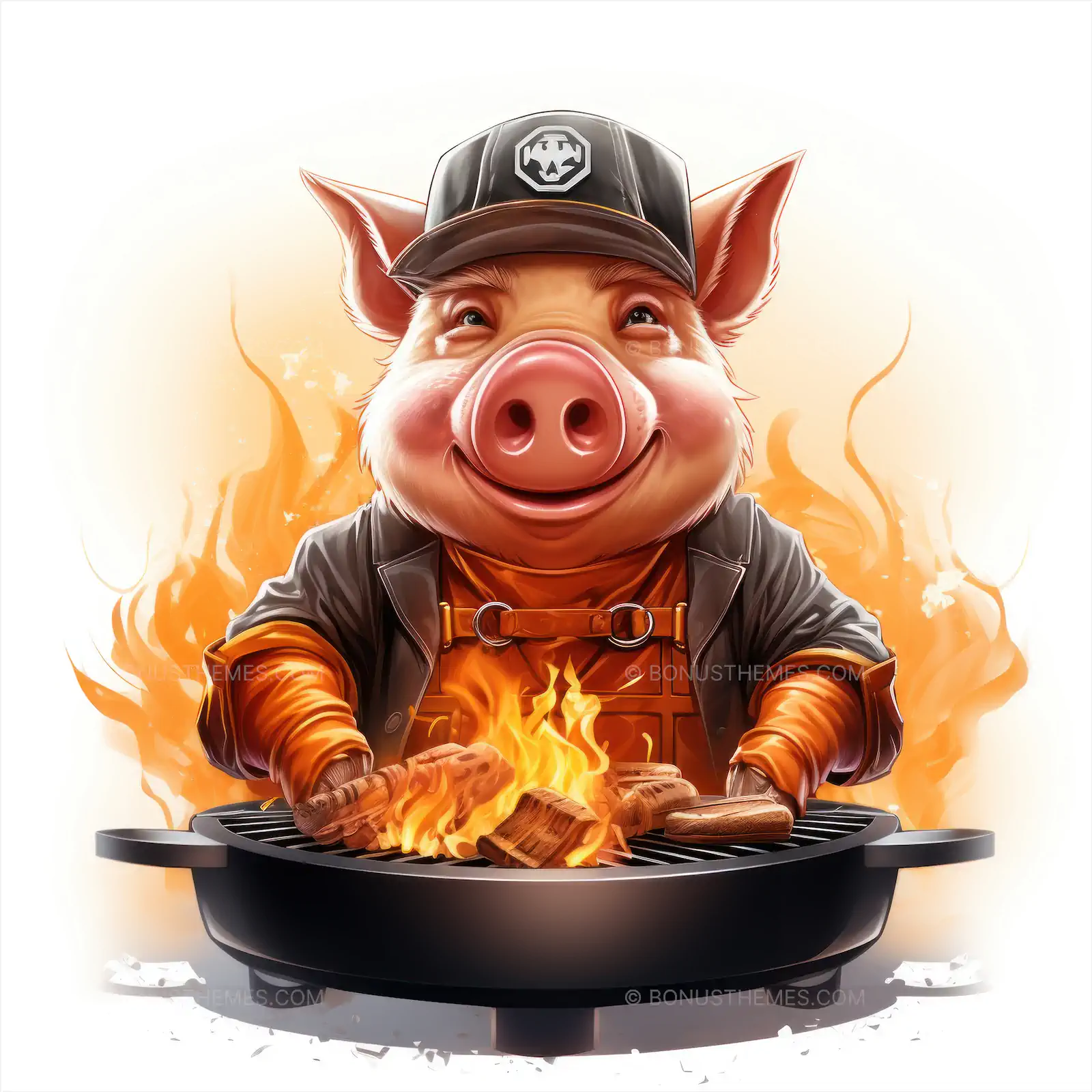 Pig chef is grilling meat