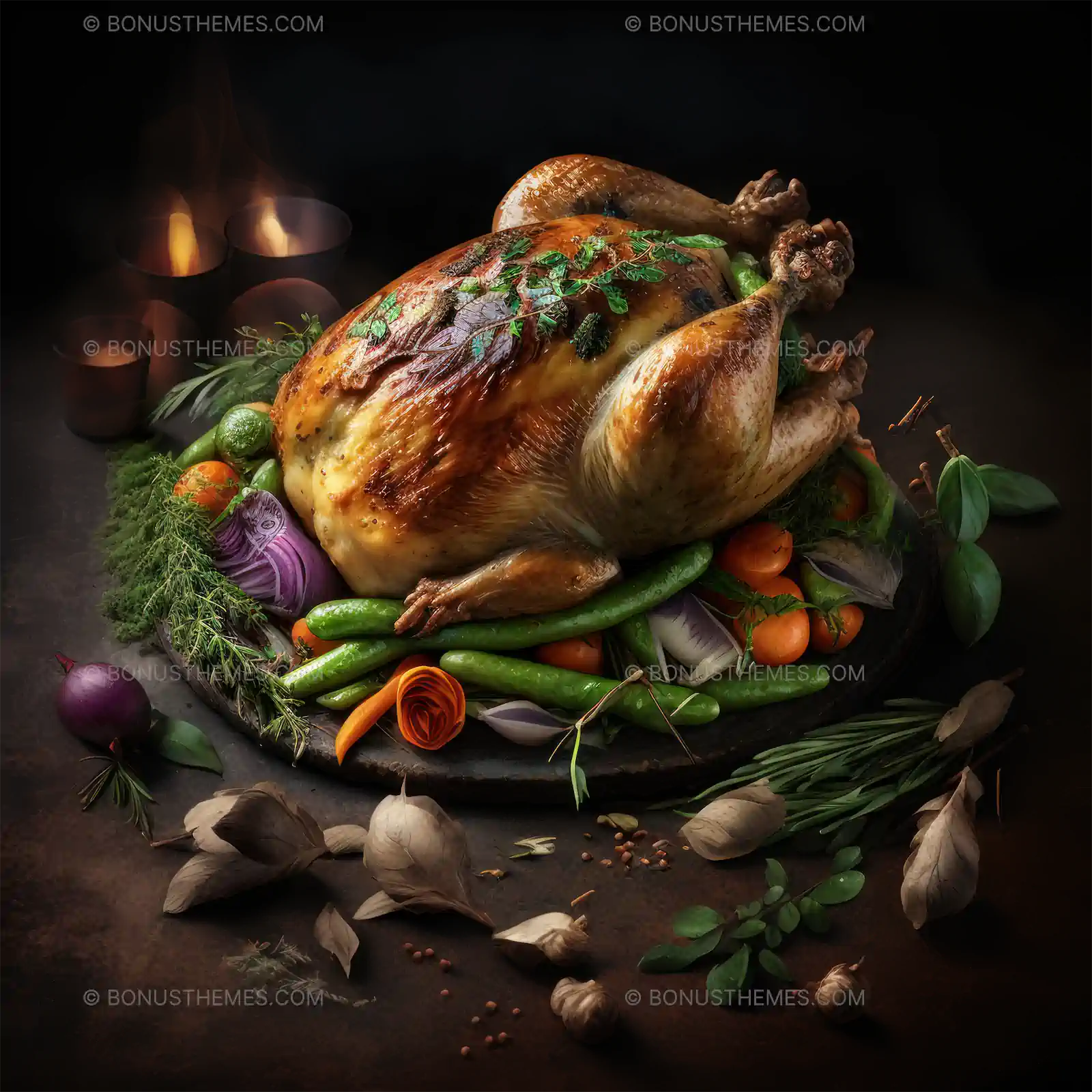 A roasted chicken with vegetables arranged on a wooden platter