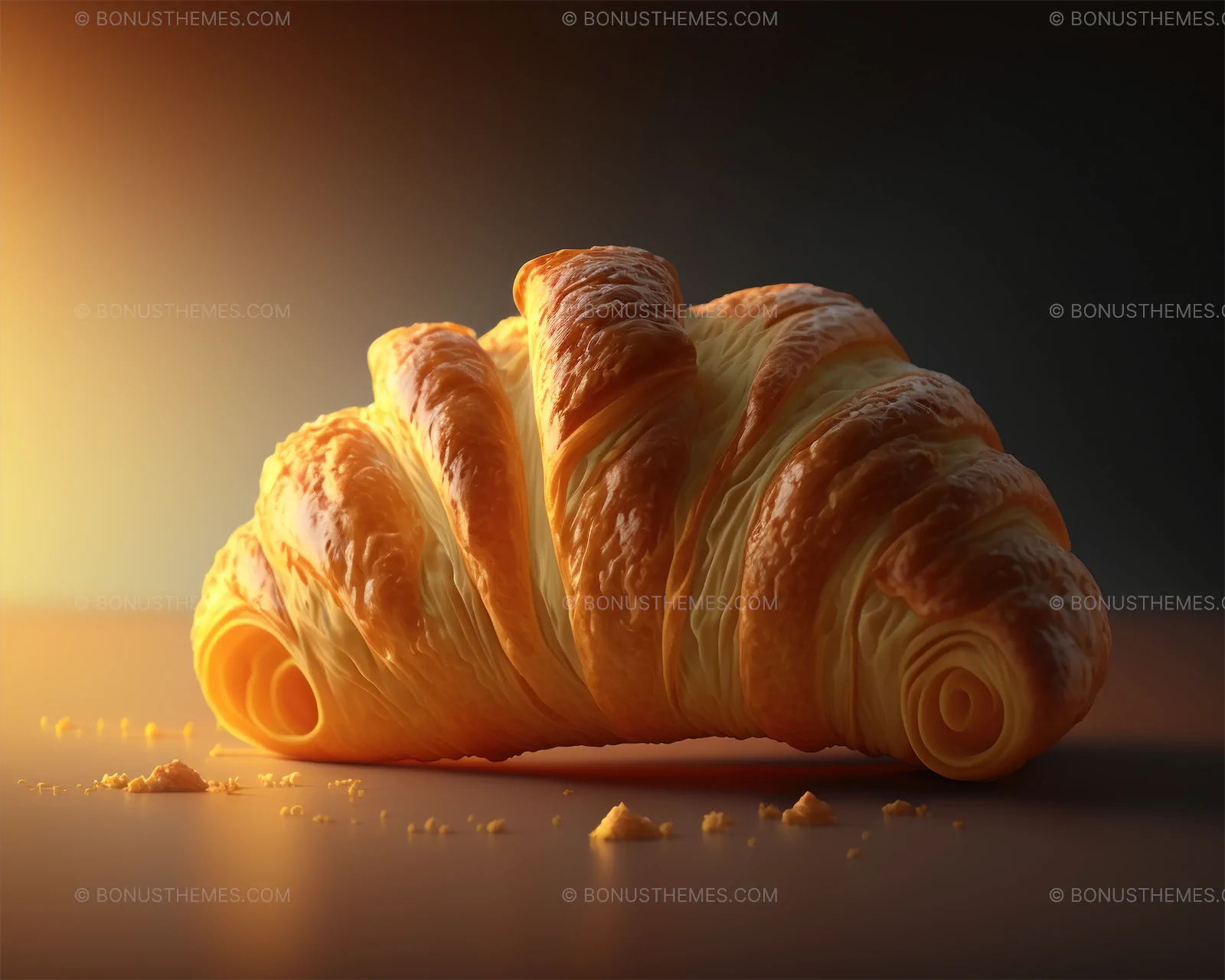Croissant with cream for breakfast on a wooden table