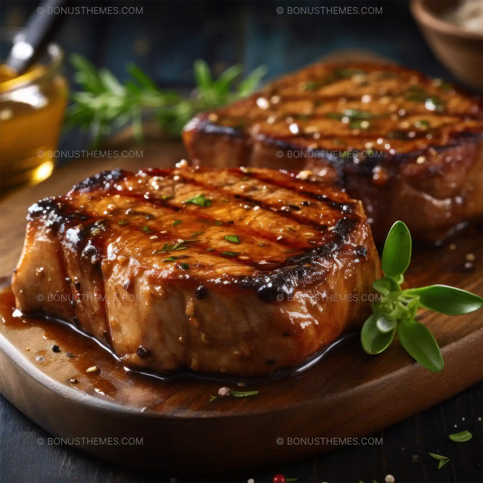 Grilled pork chops on a wooden plate