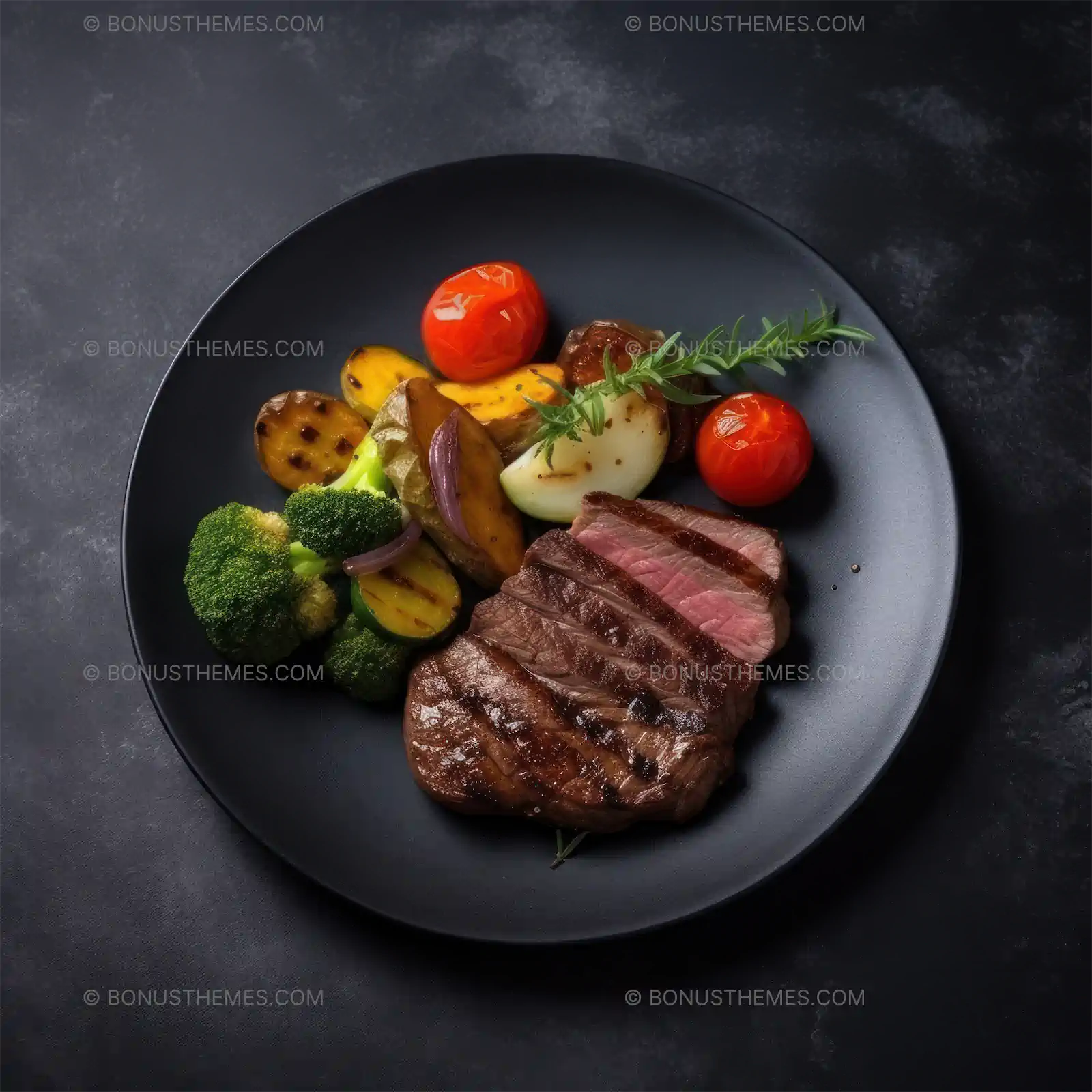 Succulent beef steak with grilled mixed vegetables on a dark background