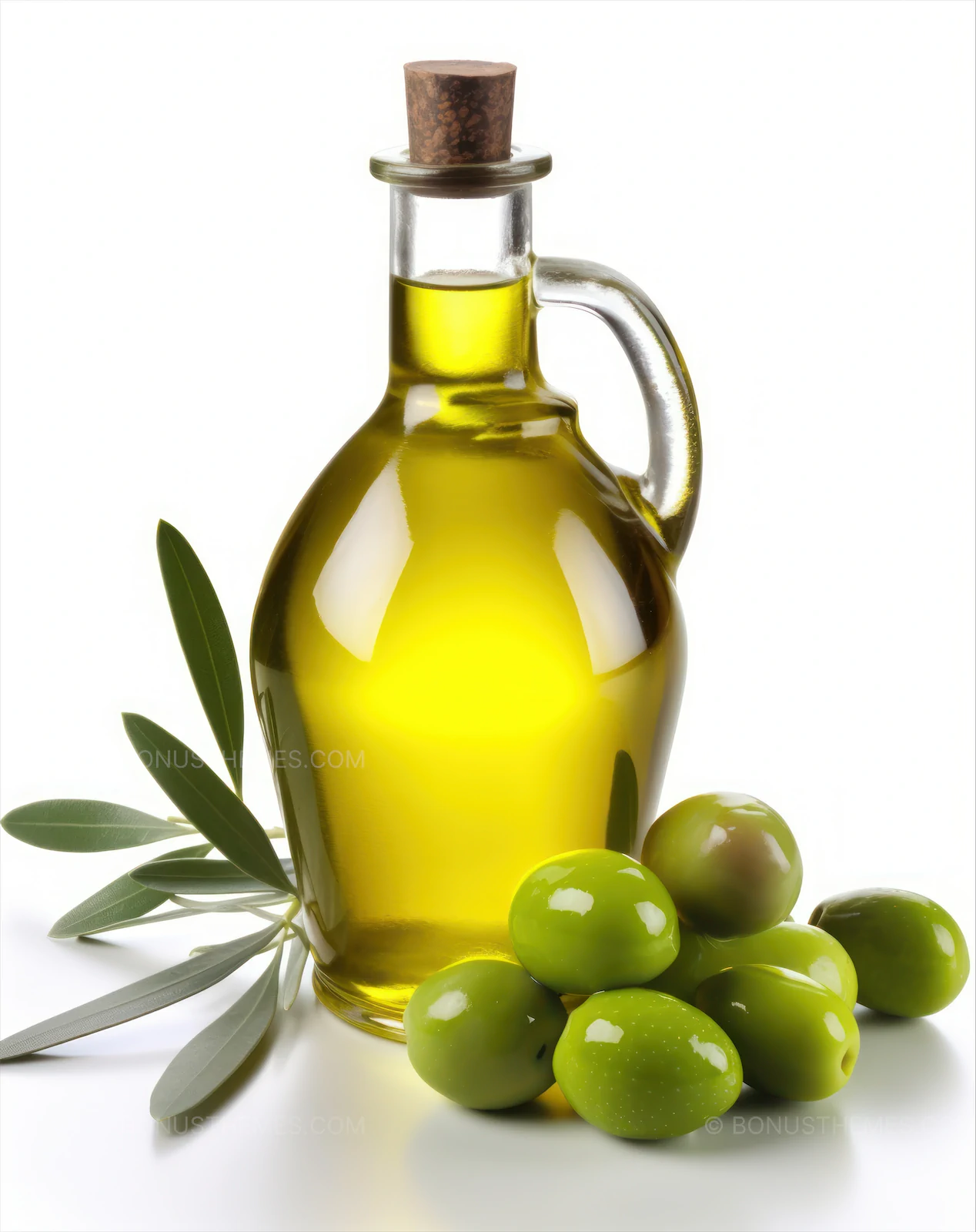 Glass bottle with olive oil and olives