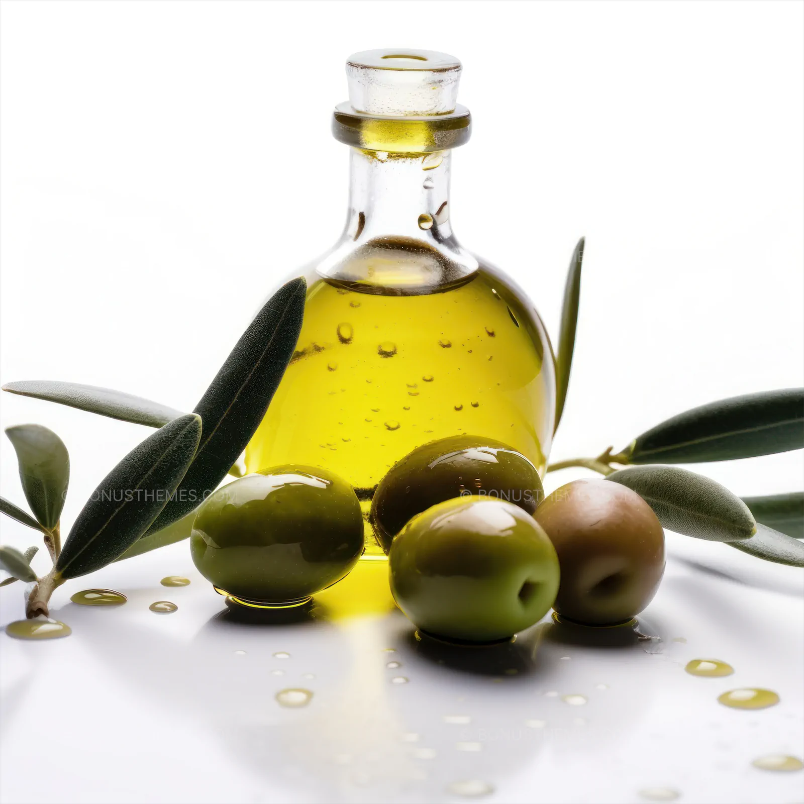 Olive oil in a glass bottle and olives on isolated white background