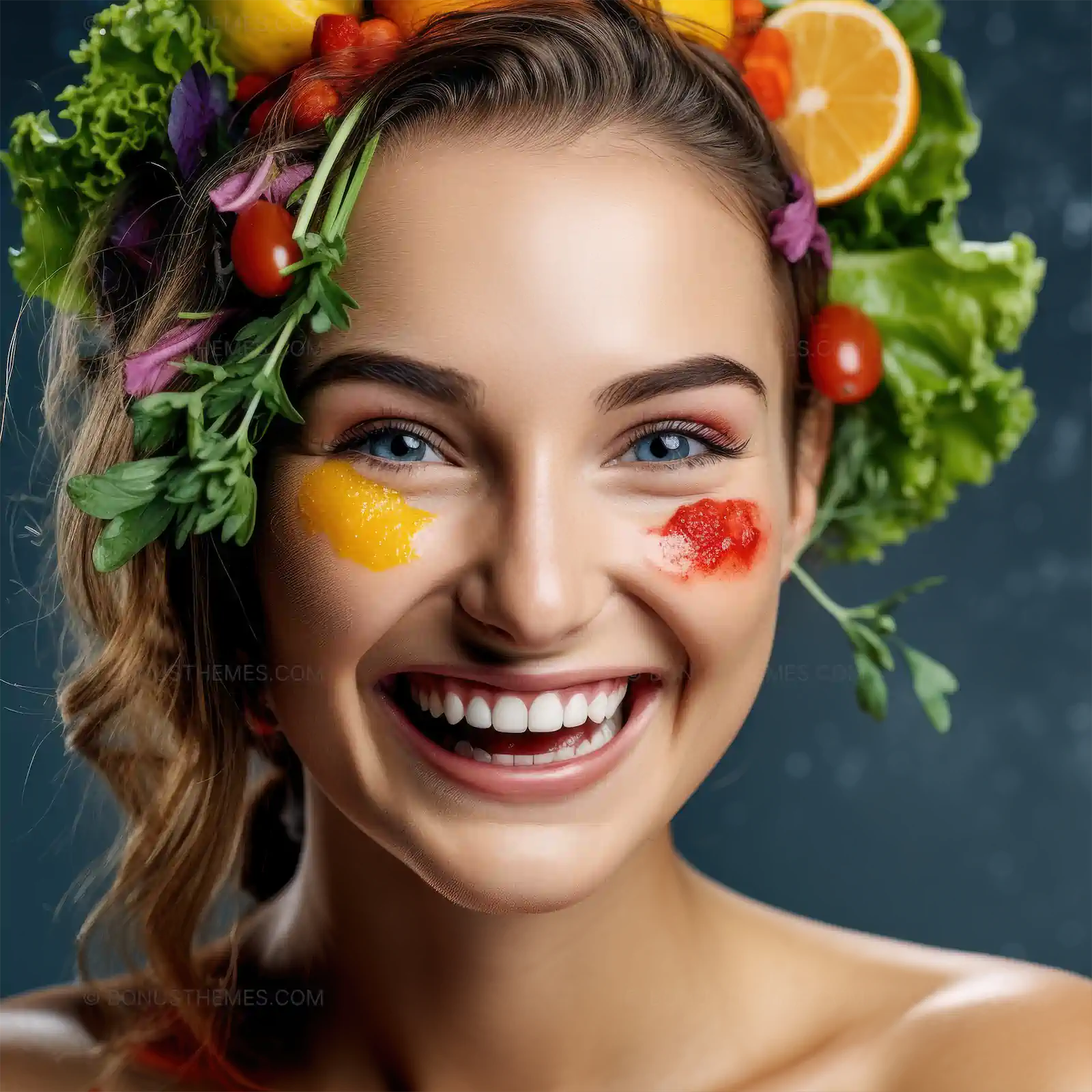 Vegan woman with vegetables and fruits