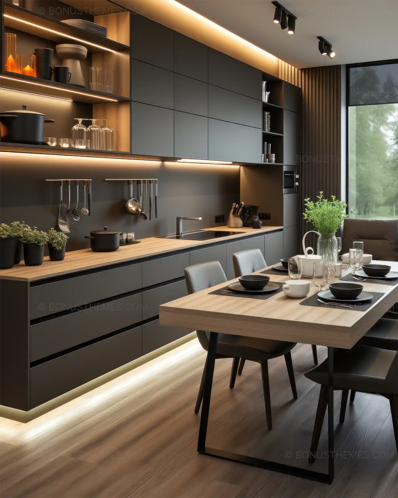 Kitchen with black furnitures and hidden lights