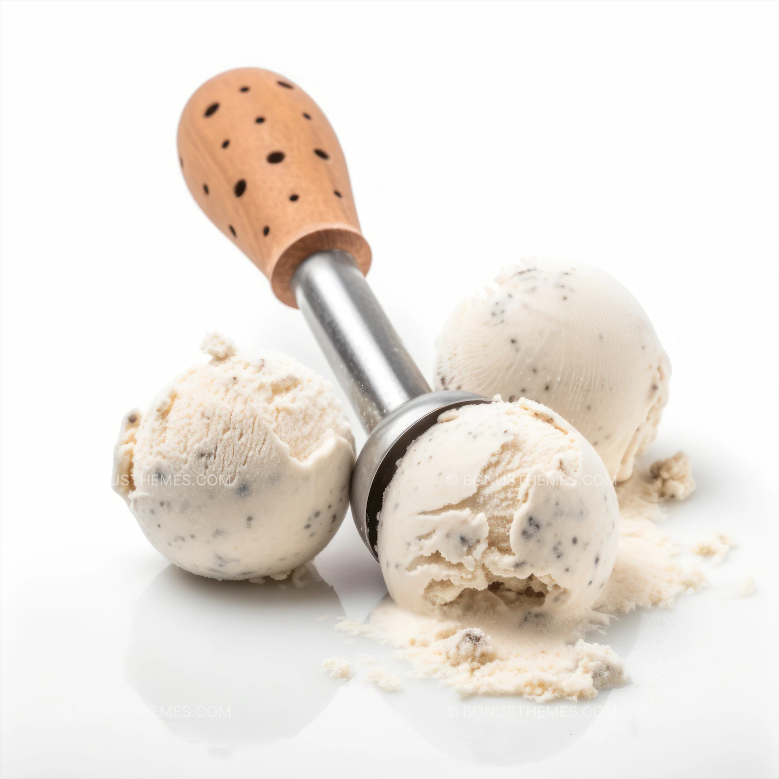 Three stracciatella ice cream balls on isolated white background