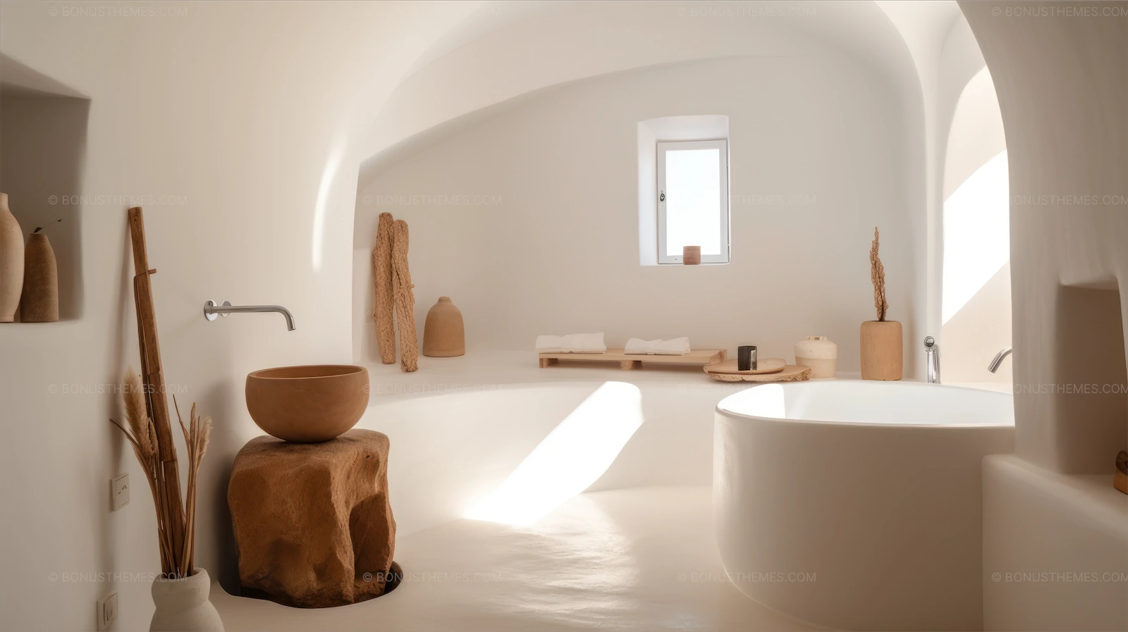 Minimalistic cycladic style bathroom with curved white walls