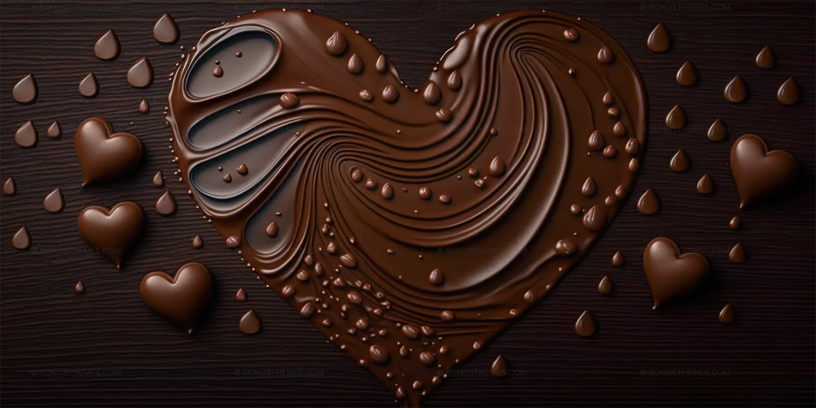 A liquid chocolate heart with drops on a wooden table