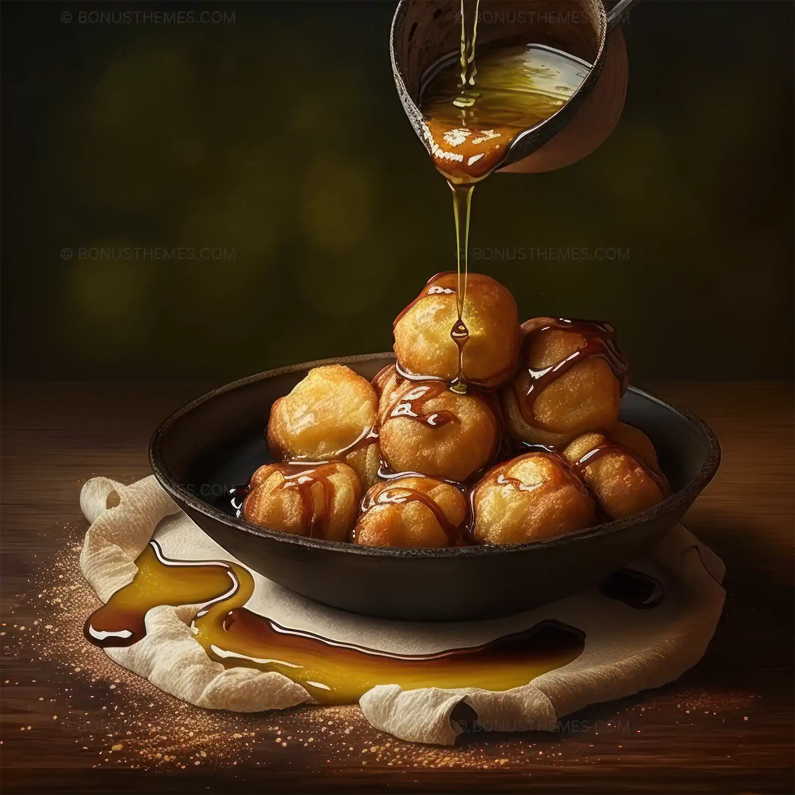 Fried dough balls drizzled with honey syrup and cinnamon
