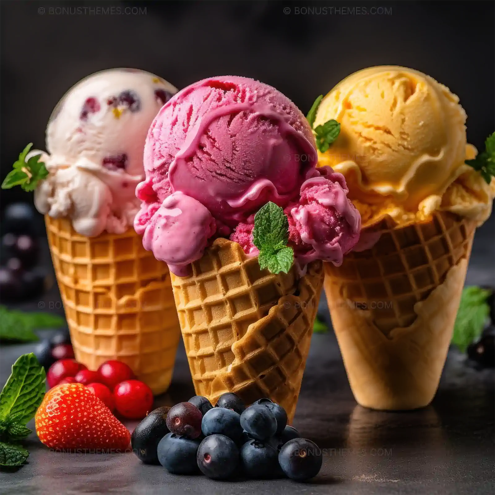 Ice cream cones with fruits