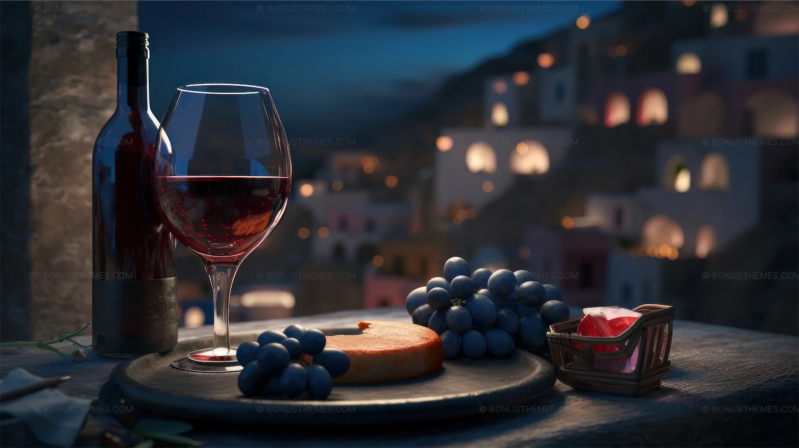 A bottle and a glass of wine with a romantic view