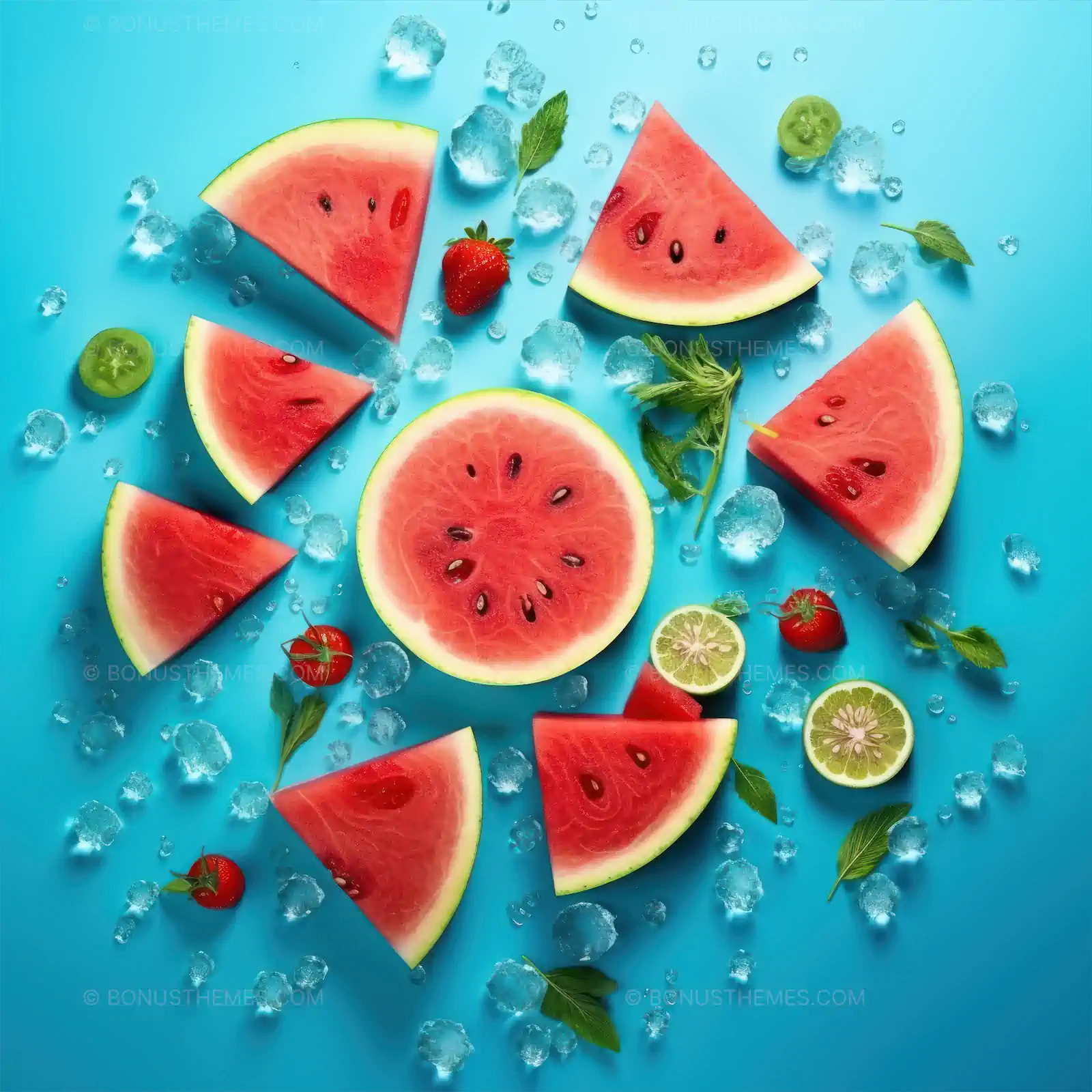Watermelon slices with strawberries from top view