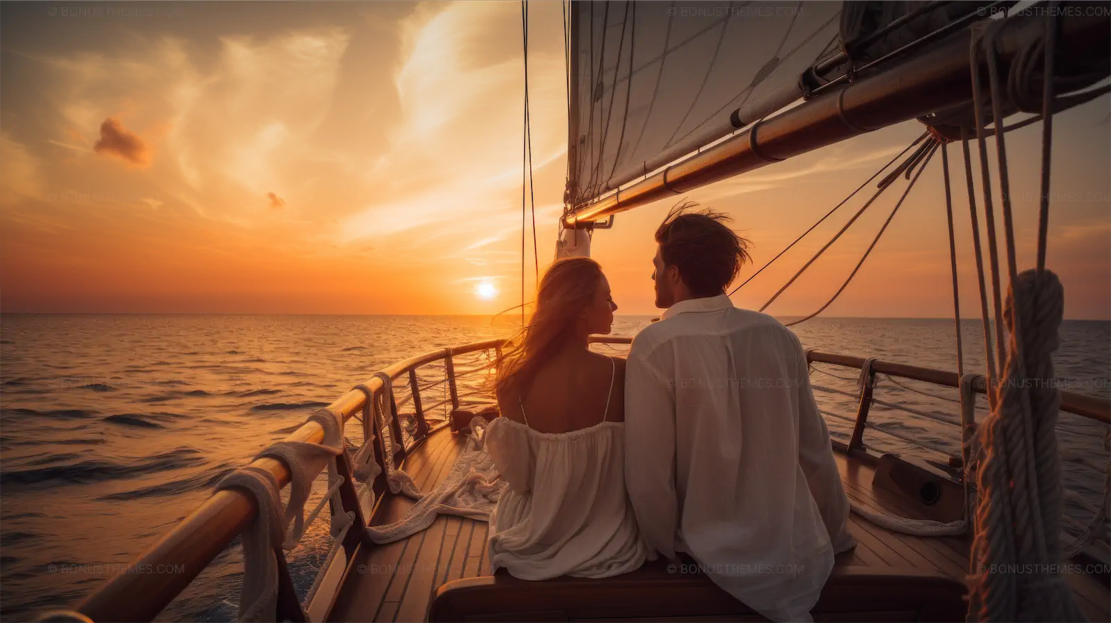 Romantic couple watching breathtaking sunset from luxury yacht deck