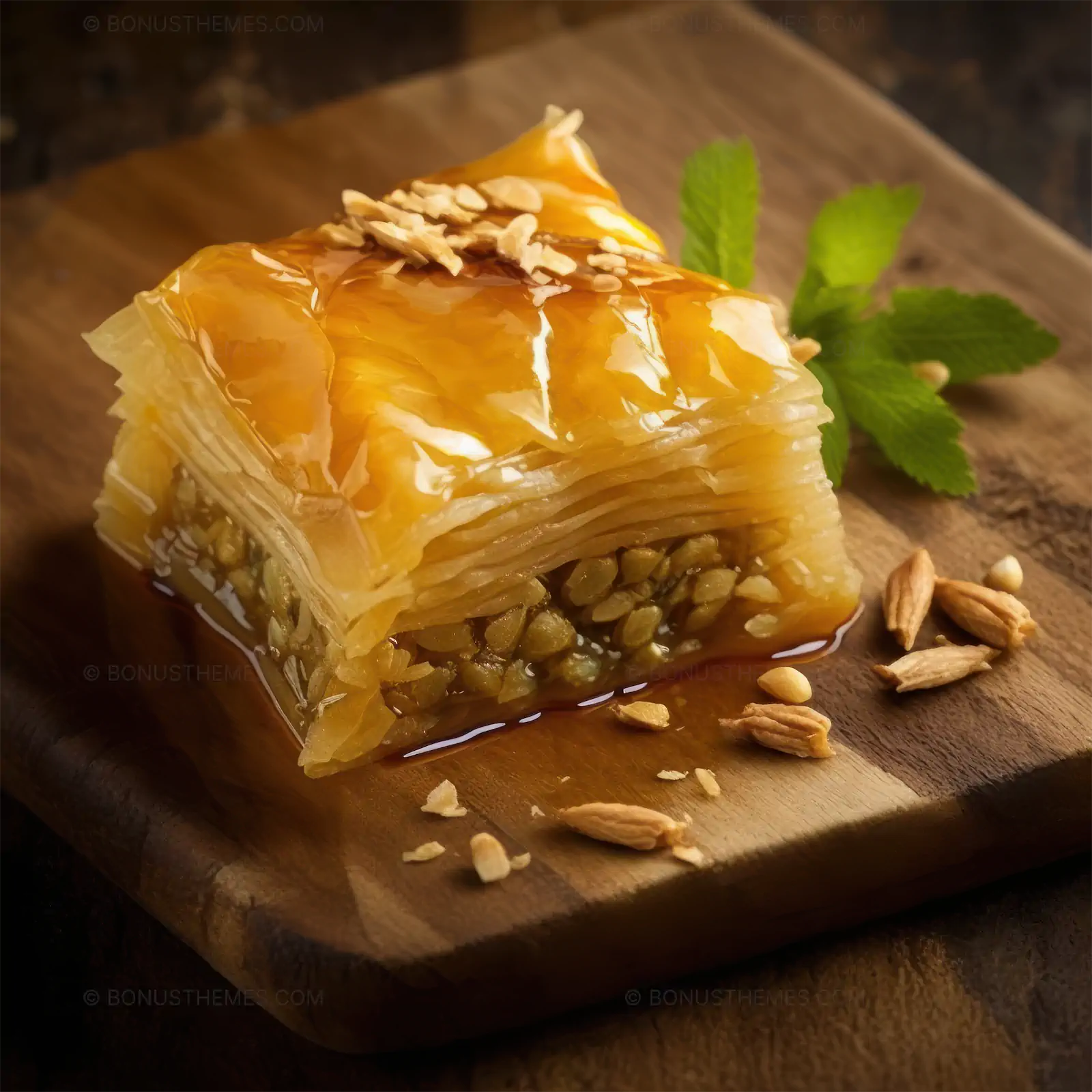 Piece of baklava dessert on a wood