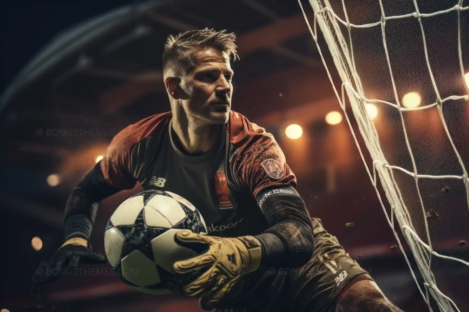 Goalkeeper in action with soccer ball