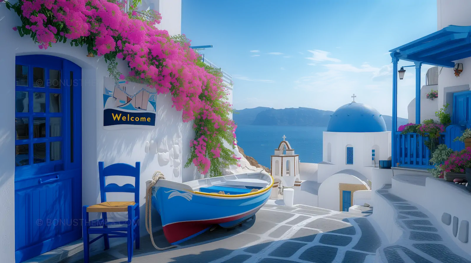 Santorini street serenity, white buildings, blue Shutters