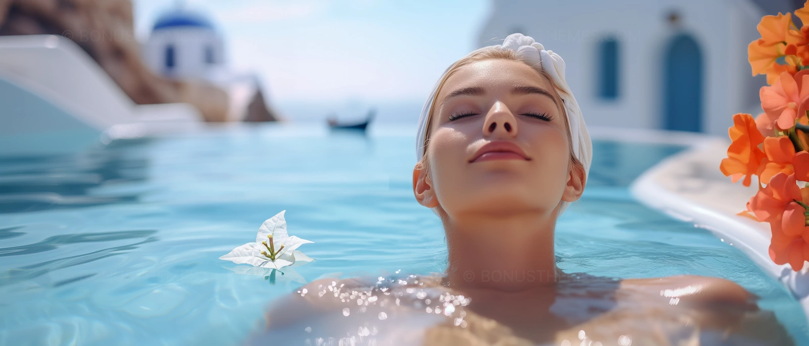 Tranquil Santorini Spa, woman relaxing by pool amidst flowers