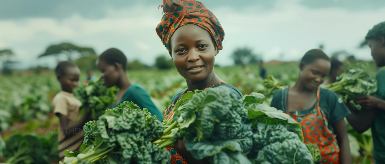 Bountiful harvest, African women gathering vegetables